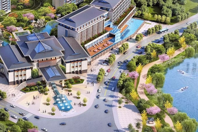 3d waterfront hotel complex, mixed use commercial tower, urban cityscape render