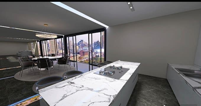 create a 3d luxury kitchen and open space dining interior design