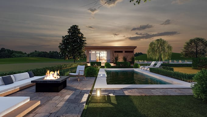 design landscape, backyard, terrace, pool, patio