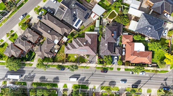visualize 3d residential suburb,roofs solar panel,townhouses,aerial shots render