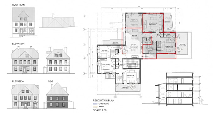 2d floor plan design, roof plan, elevation, section, and renovation plan