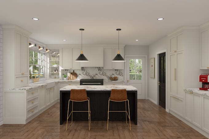 design kitchen interior and bathroom 3d rendering