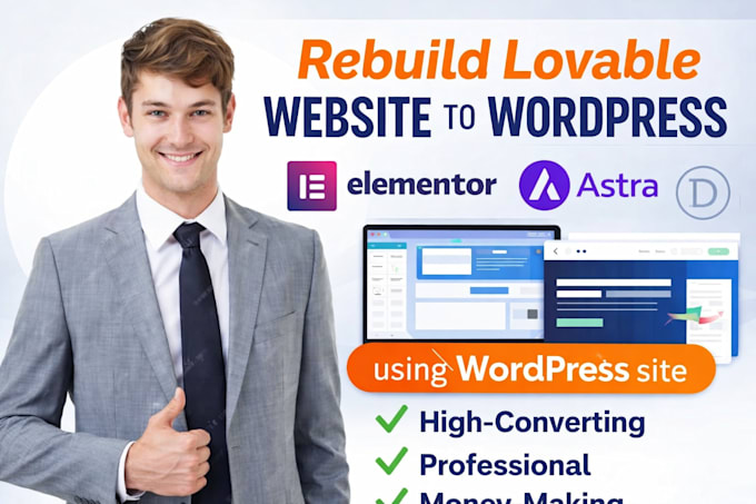 rebuild lovable website to wordpress elemntor astra divi using wordpress site