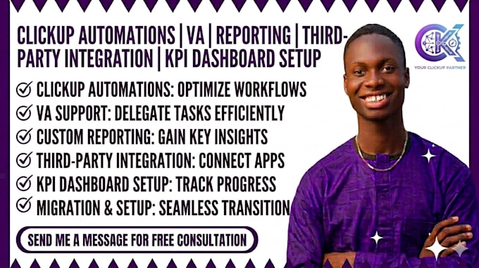 clickup automations VA reporting third party integration KPI dashboard setup