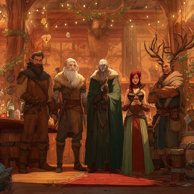 do group party character art, dnd party