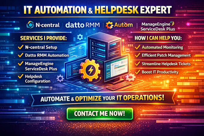 setup ncentral dattormm automation manageengine servicedesk plus helpdesk system