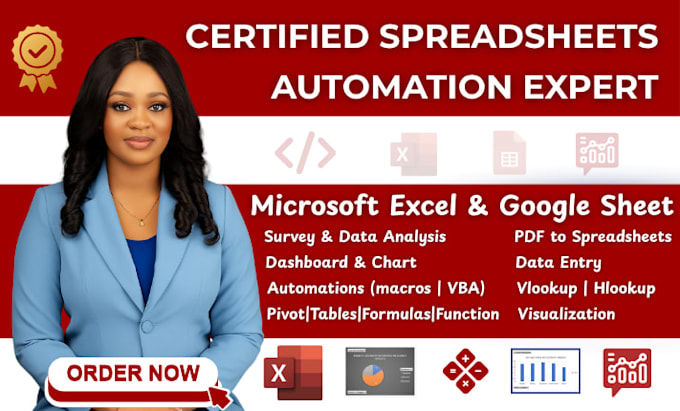 be expert in microsoft excel spreadsheet, googlesheet, automation, dashboard