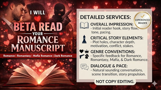 beta read your romance, romantasy, mafia romance or dark romance manuscript