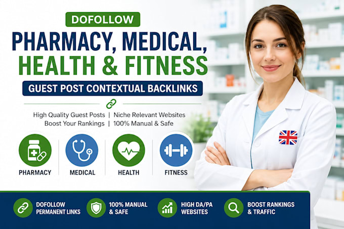do pharmacy, medical, health and fitness guest post contextual backlinks