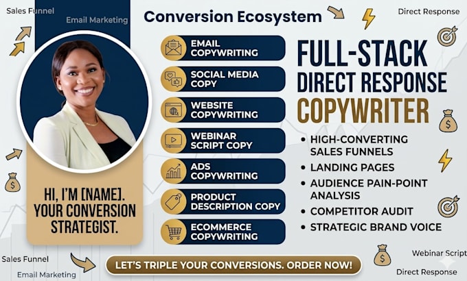 write high converting copy for emails, ads, websites, webinar and sales funnels