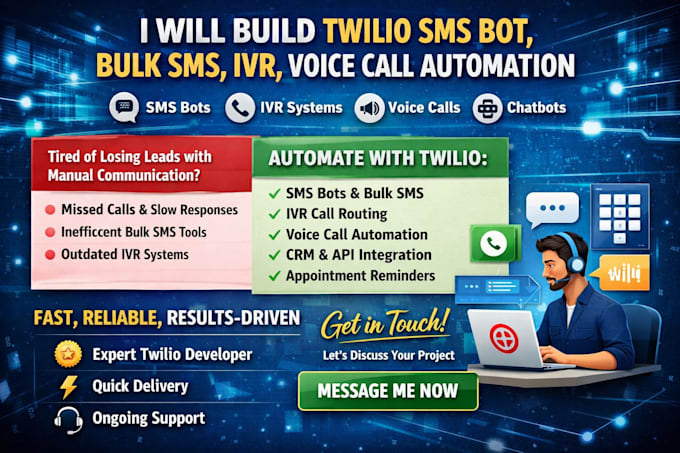 integrate twilio sms bot or bulk SMS or voice calls, IVR, chatbot