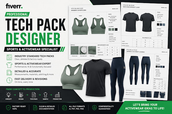 design complete tech pack for active wear and sports