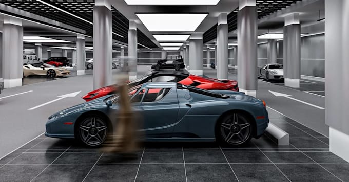 refresh modern basement garage, luxury car park,showroom interior, cgi rendering