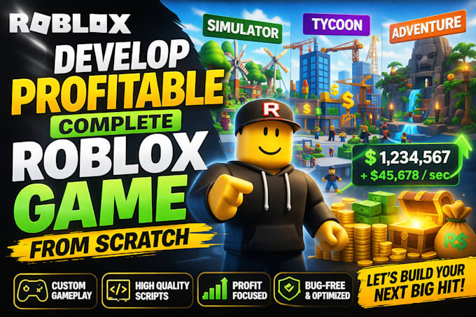 develop profitable complete roblox game from scratch, roblox simulator or tycoon