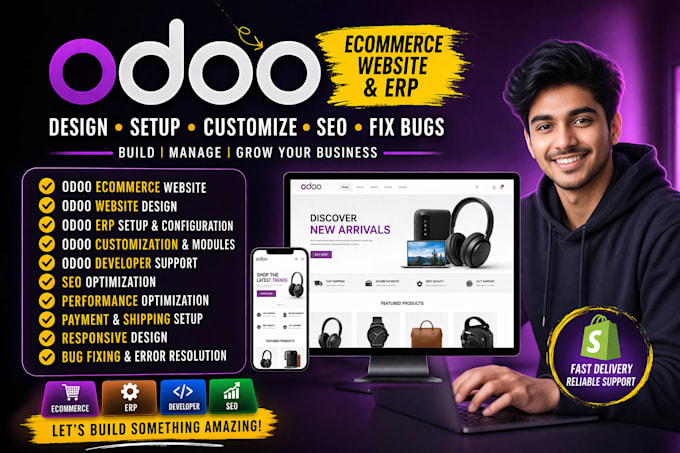 develop odoo ecommerce website design, erp setup, customization, SEO, fix bugs