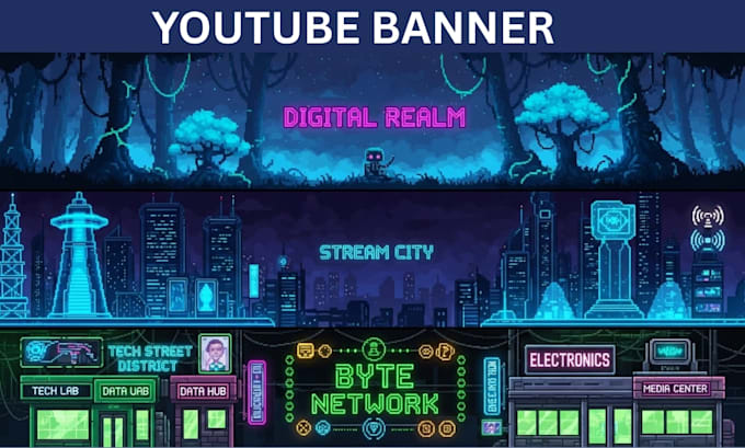 Design pixel art banner for youtube facebook and pixel logo steam ...