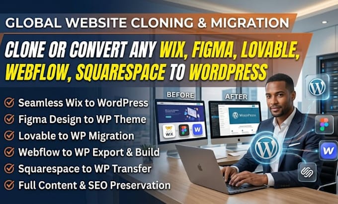 convert clone wix, figma, lovable, webflow, squarespace to wordpress website