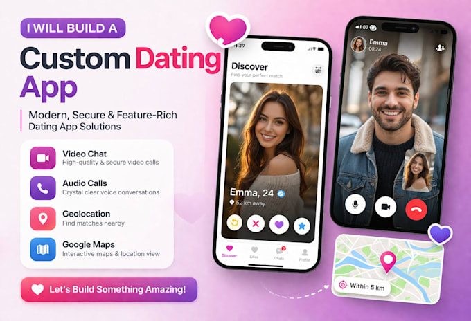 develop a full dating app with video, audio chat, geolocation and backend system