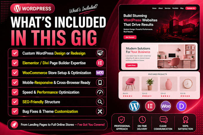 design or redesign wordpress website using elementor, divi or woocommerce