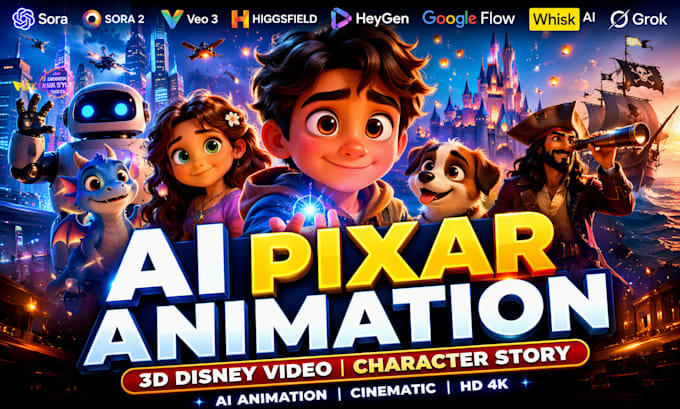 Create ai pixar animation style video 3d disney pixar character story ...