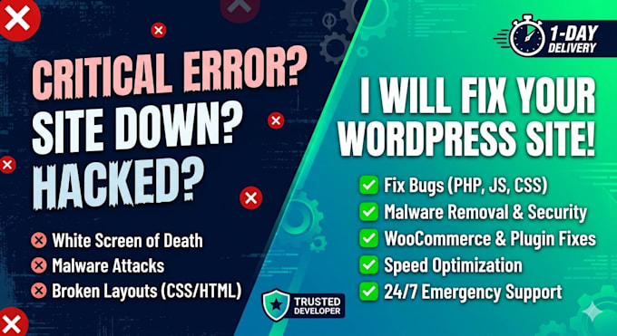 fix wordpress issues, elementor, wordpress critical errors, and bugs in 24 hours