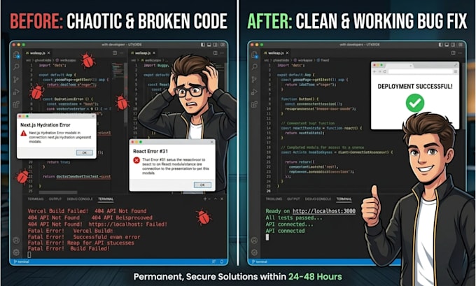 fix bugs, rebuild, and debug your react, next js, or custom javascript app