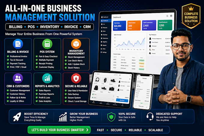 build a custom biling, pos, inventory management system with invoice and CRM