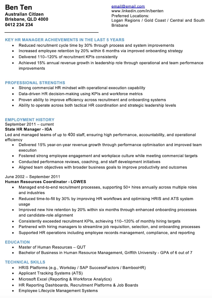 write an ats optimized resume for australian job seekers