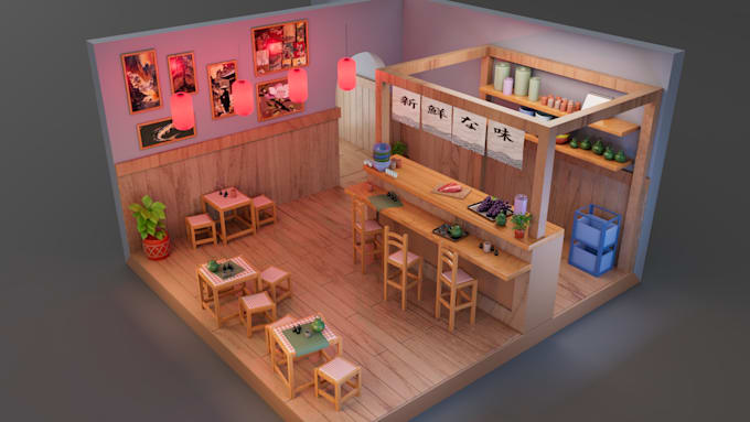 low poly 3d models and isometric room design