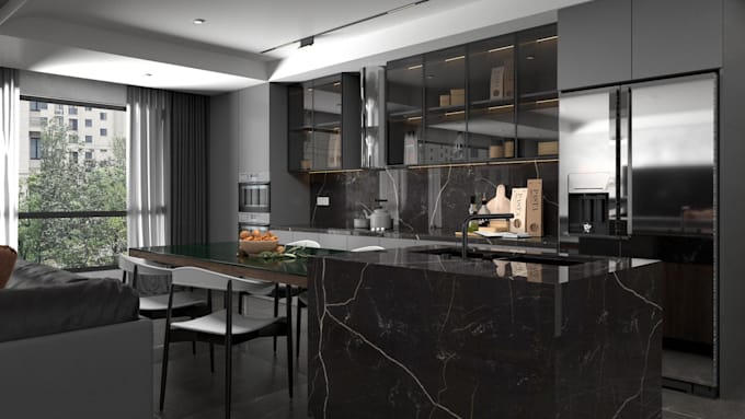 do interior design of kitchen, bedroom, bathroom, and office space