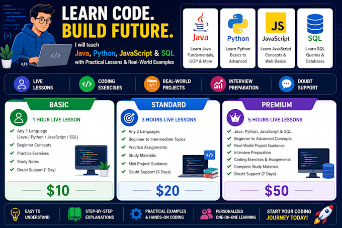teach you java, python, js, sql with real world problems