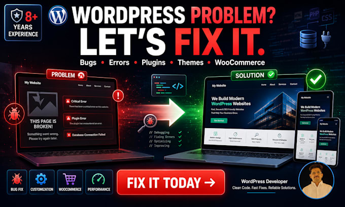 develop, customize, fix wordpress website, bugs and woocommerce