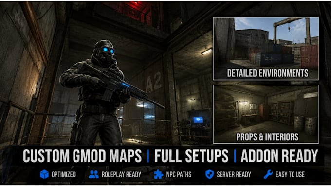create custom gmod map, playermodel with weapons, 3d assets all in garrys mod