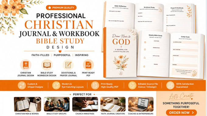 design format christian prayer journal, bible study workbook, devotional planner