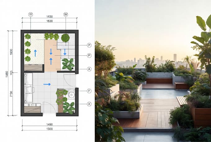 Front yard landscape, curb appeal and rooftop garden plan with site ...