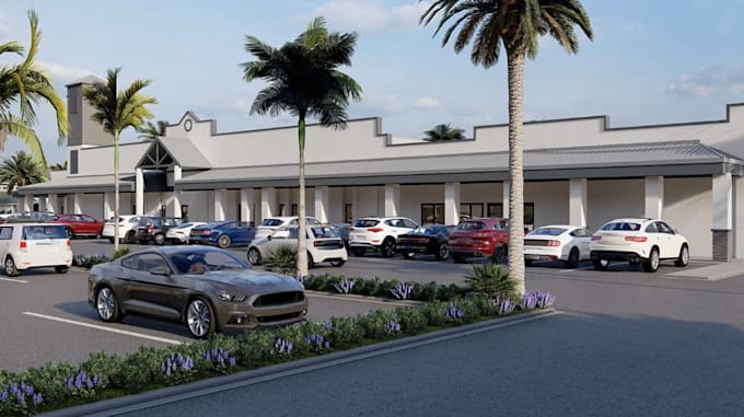 do site masterplan for shopping mall complex, park visualization, cgi rendering