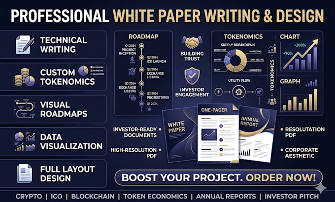 write and design professional crypto whitepaper, roadmap, tokenomics,ico and nft