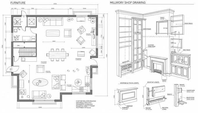 design furniture plan, millwork drawing, joinery shop drawing