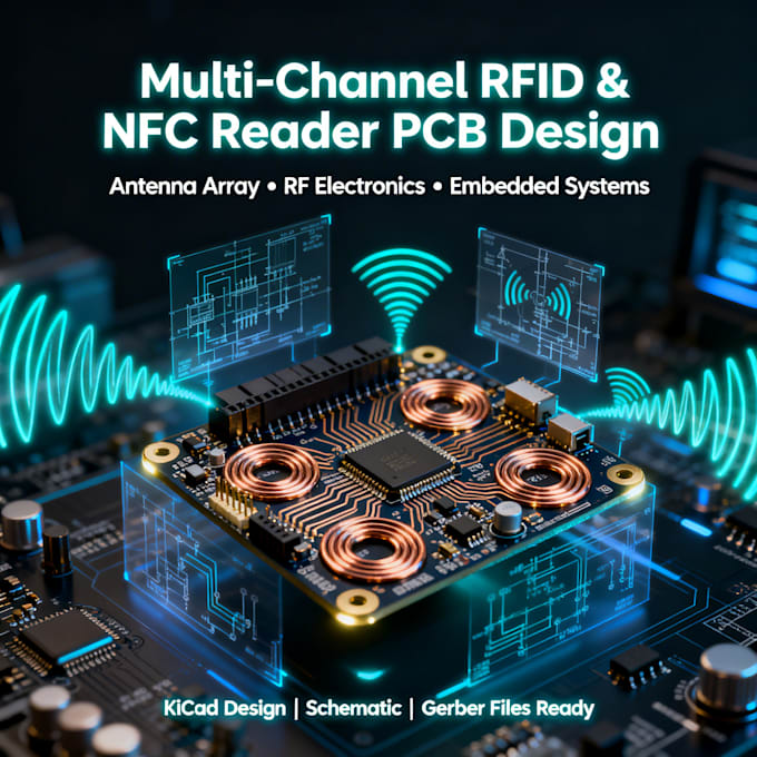 design multi channel rfid nfc pcb, antenna array, esp32 iot uart wifi ble rsp
