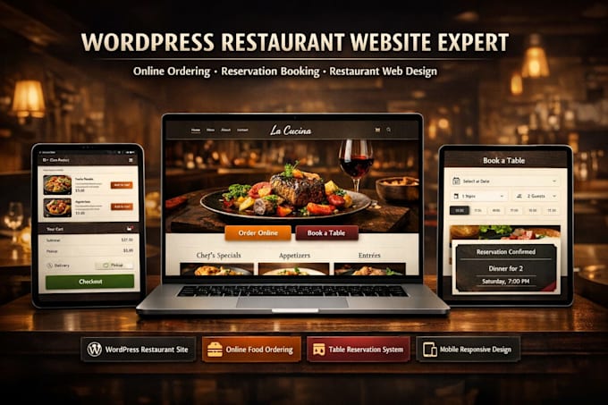 design wordpress restaurant website online ordering reservation booking website