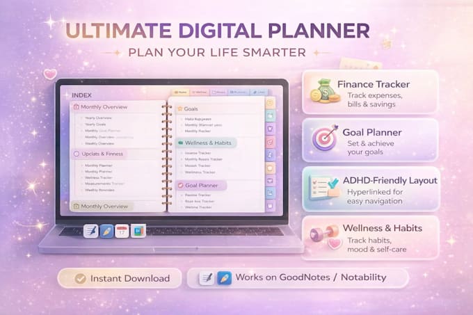 etsy digital planner, hyperlinked journal, digital planner