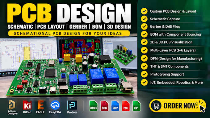 design pcb circuit, pcb design, pcb schematic, fabrication gerber and boms