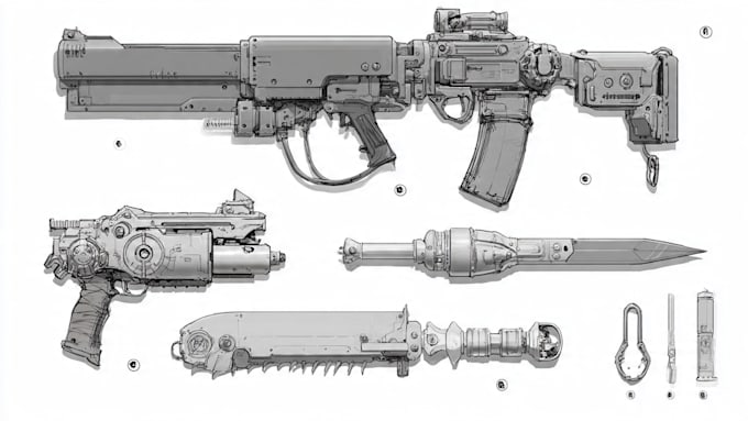 draw mecha helmet, weapon, armor concept