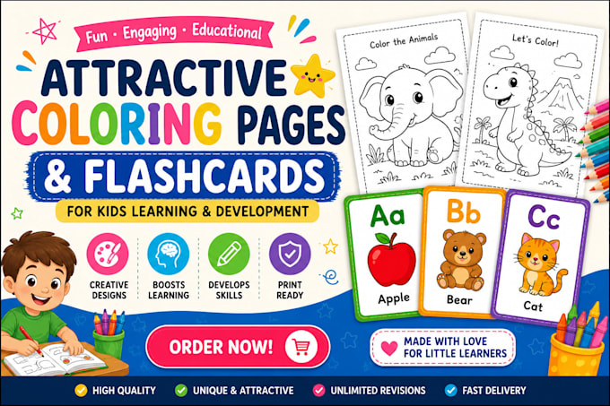 make attractive coloring pages and flashcards for kids learning and development