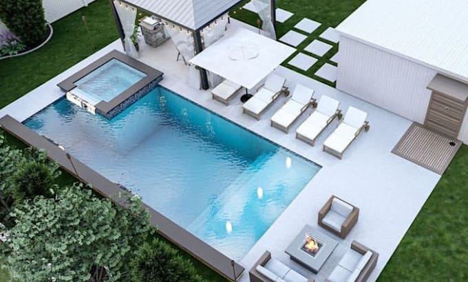 design luxury pool, backyard, patio 3d landscape rendering