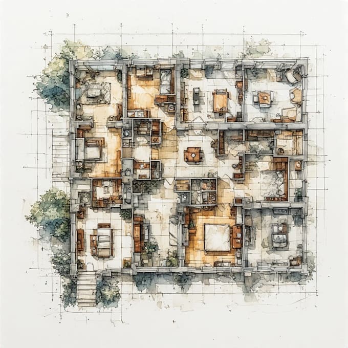 draw building and interior floor plans in watercolor