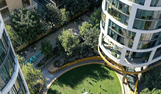 reconstruct urban neighborhood,high rise industrial development,elevation render
