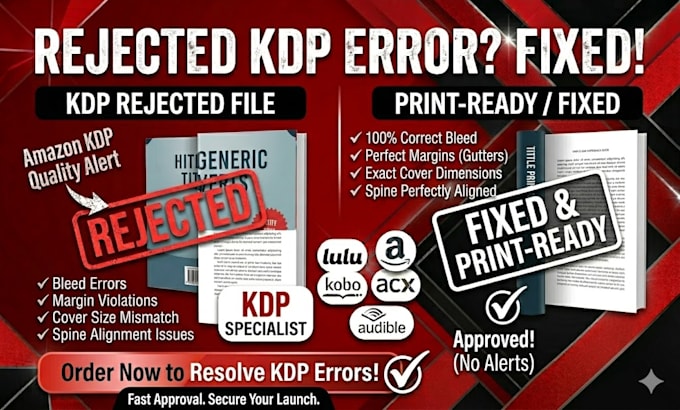 fix KDP interior and cover upload errors,bleed issues and paperback rejected fix