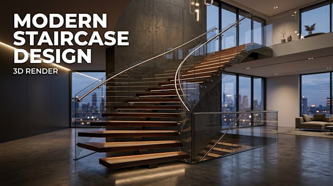 design modern staircase, floating or spiral staircase with realistic 3d render