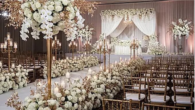 create 3d realistic wedding ceremony decoration design